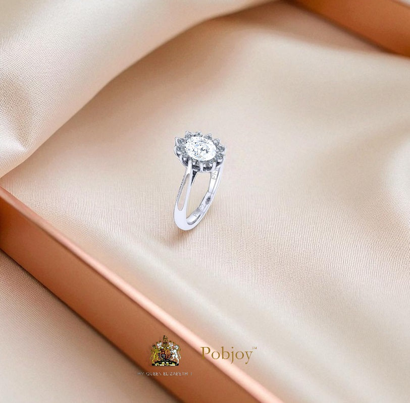 Oval Diamond Halo Sunburst Platinum Engagement Ring - Pobjoy Diamonds