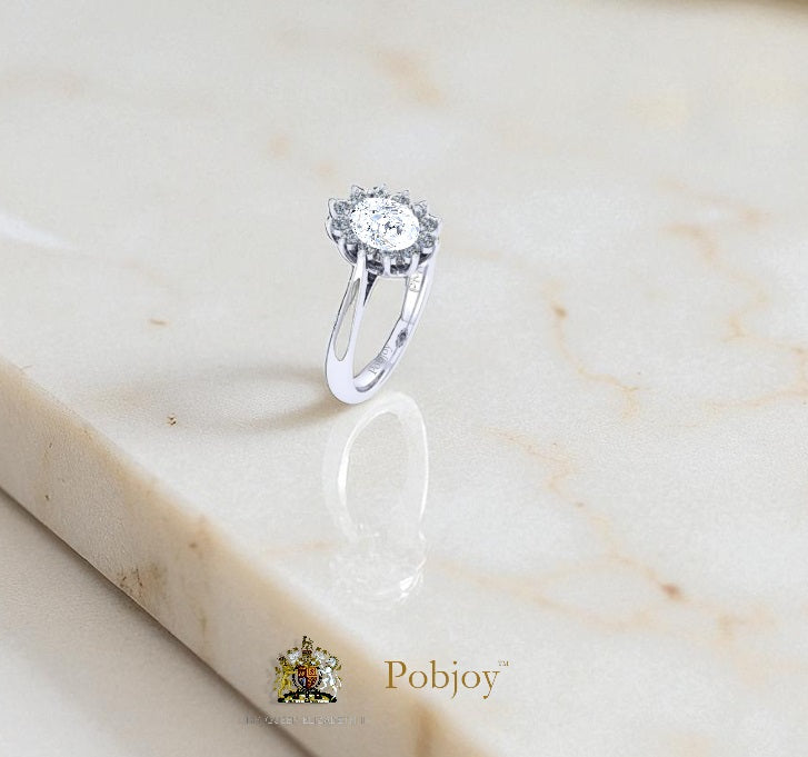 Oval Diamond Halo Sunburst Platinum Engagement Ring - Pobjoy Diamonds