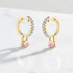 18K Gold Huggie White & Pink Diamond Drop Earrings