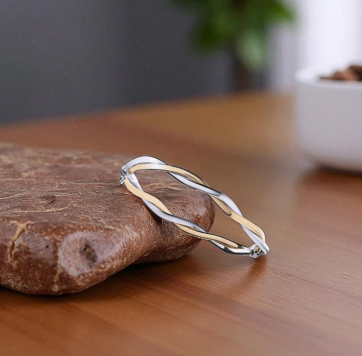 9K White & Yellow Gold Twist Hinged Bangle - Pobjoy Diamonds