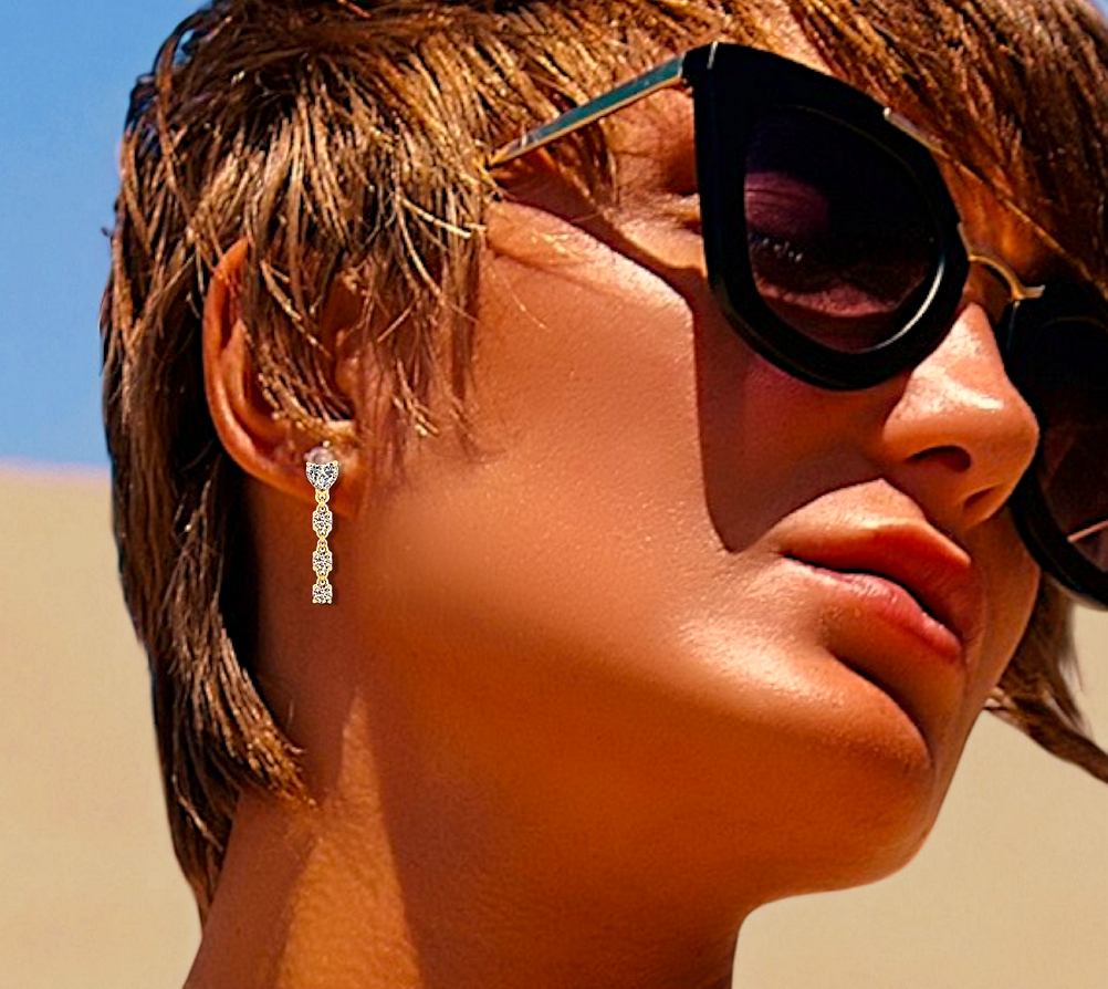 Heart & Round Diamond Dangly Drop Earrings