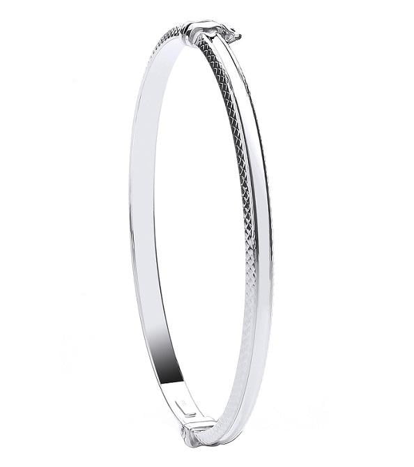 White 9K Gold Ladies Diamond-Cut Hinged Bangle - Pobjoy Diamonds