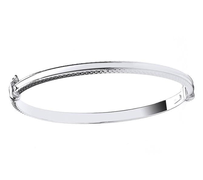 White 9K Gold Ladies Diamond-Cut Hinged Bangle - Pobjoy Diamonds