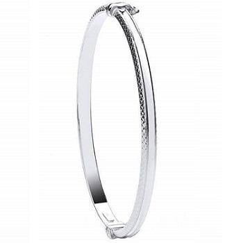 White 9K Gold Ladies Diamond-Cut Hinged Bangle - Pobjoy Diamonds