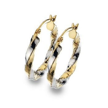 9K White & Yellow Gold Hoop Diamond Cut Earrings - Pobjoy Diamonds
