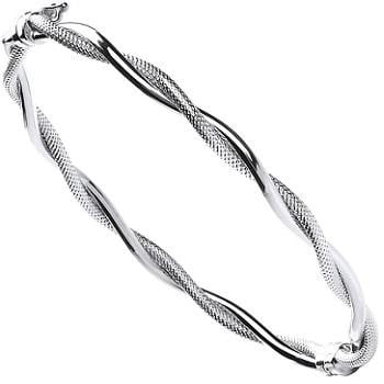 Ribbed & Smooth Twisted Tube 9K White Gold Hinged Bangle  - Pobjoy Diamonds