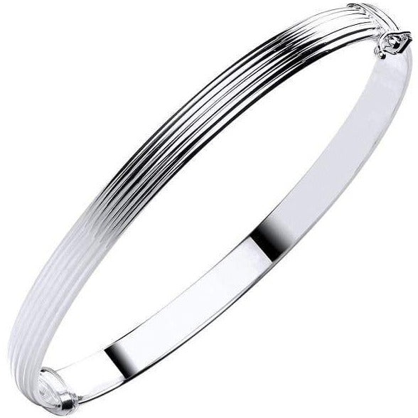 9K White Gold Hollow Ribbed Ladies Hinged Bangle - Pobjoy Diamonds