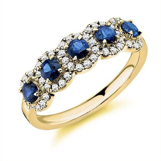 18K Yellow Gold Vintage Style Blue Sapphire & Diamond Half Eternity Ring 0.85 CTW - Pobjoy Diamonds