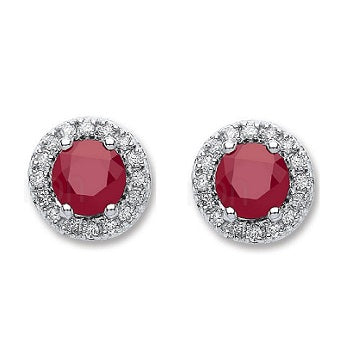 Ruby & Diamond 9K White Gold Round Stud Earrings - Pobjoy Diamonds