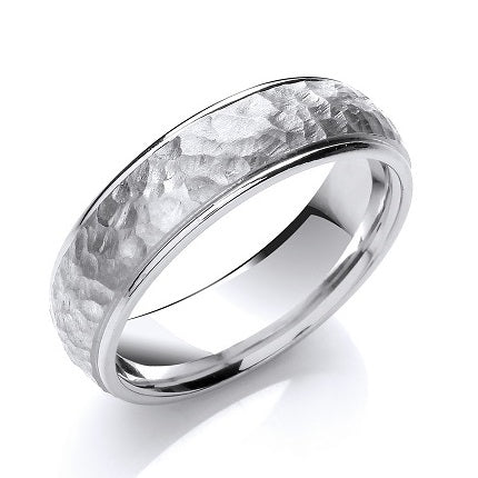 18K White Gold Hammered & Smooth 6mm Wedding Band - Pobjoy Diamonds