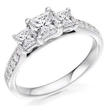 18K White Gold 1.10 CTW Princess Cut Diamond Trilogy Ring G/Si - Pobjoy Diamonds