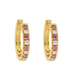 Adorable 9K yellow gold ladies hoop earrings featuring alternating pink natural round cut rubies and glistening diamonds.