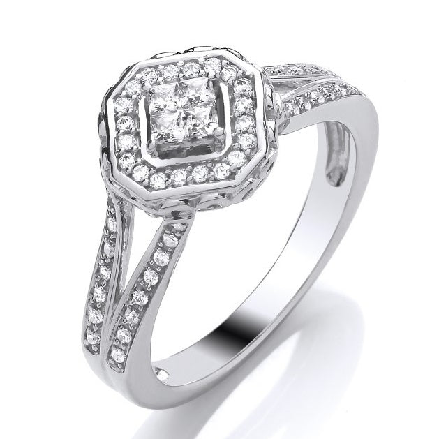 Vintage Style Diamond Halo & Shoulders Engagement Ring