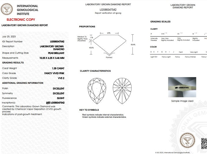 Fancy Vivid Pink Pear Shape Lab Grown Diamond 1.28 Carat - New Release - Pobjoy Diamonds