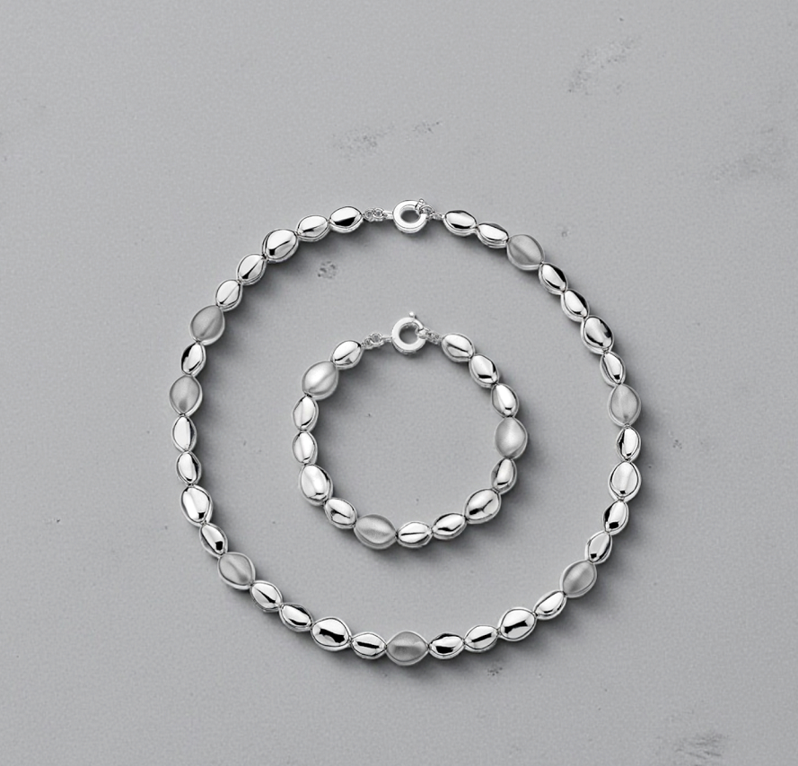 Smooth & Brushed Sterling Silver Ladies Bracelet & Necklace Set