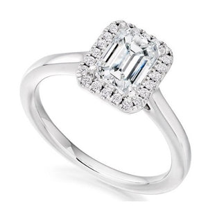Platinum Emerald or Radiant Cut Diamond Halo Ring - 0.66 Carat