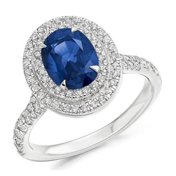 18K White Gold Blue Sapphire & Double Diamond Halo Ring - 2.00 Carats - Pobjoy Diamonds