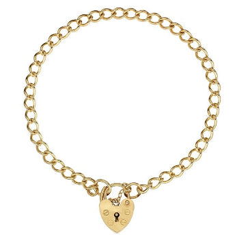 9K Yellow Gold Curb & Heart Padlock Charm Bracelet