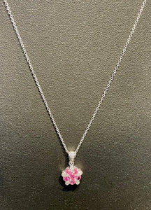9K White Gold Diamond & Pink Sapphire Flower Pendant Necklace