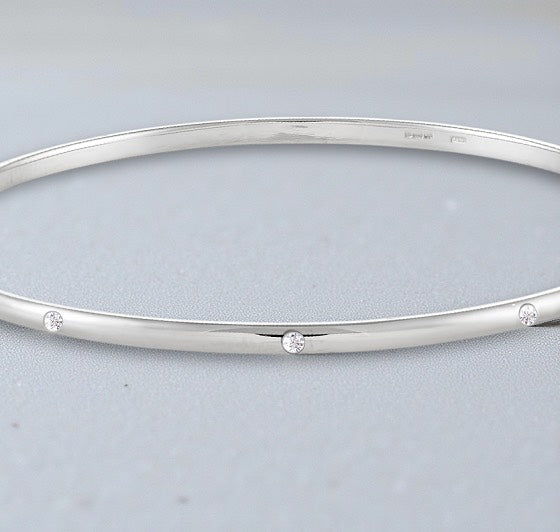 9K White Gold Diamond Scattered D Shape Bangle - Pobjoy Diamonds