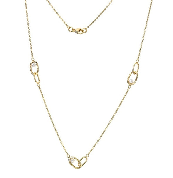 9K Yellow Gold Oblong Link And Pearl Necklace