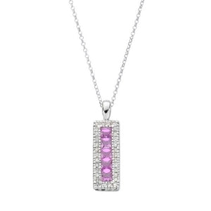 9K White Gold Diamond & Pink Sapphire Rectangle Drop Necklace