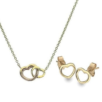 9K Gold Twin Rounded Heart Necklace & Earrings Set