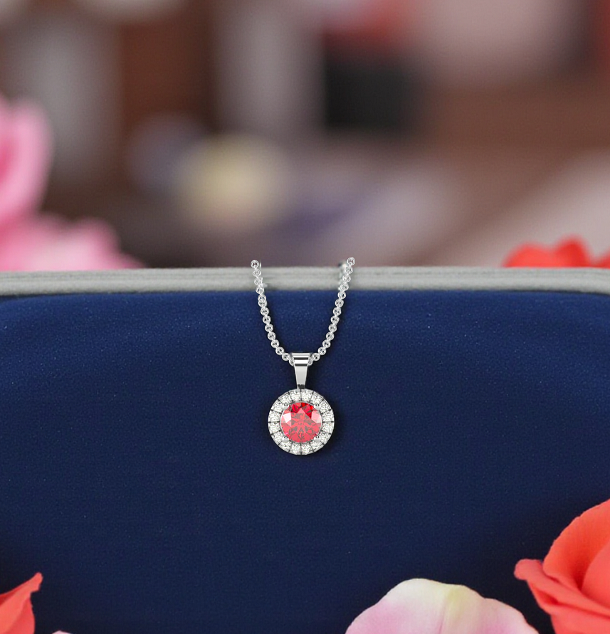 Round Red Ruby & Diamond Pendant 0.47 Carat