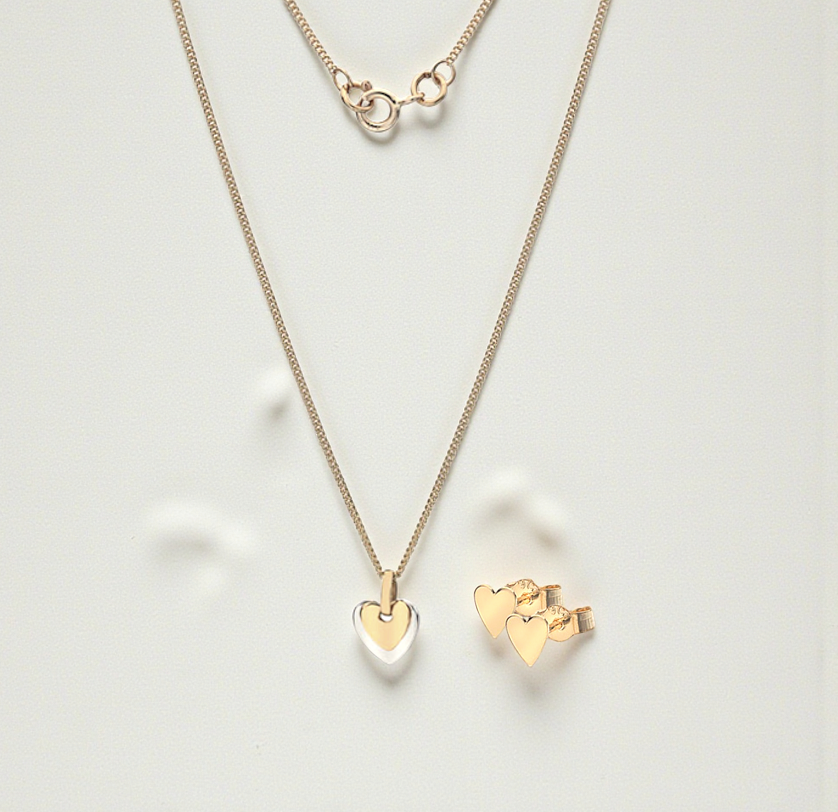 9K Yellow & White Gold Heart Pendant Necklace & Earrings Set - Pobjoy Diamonds
