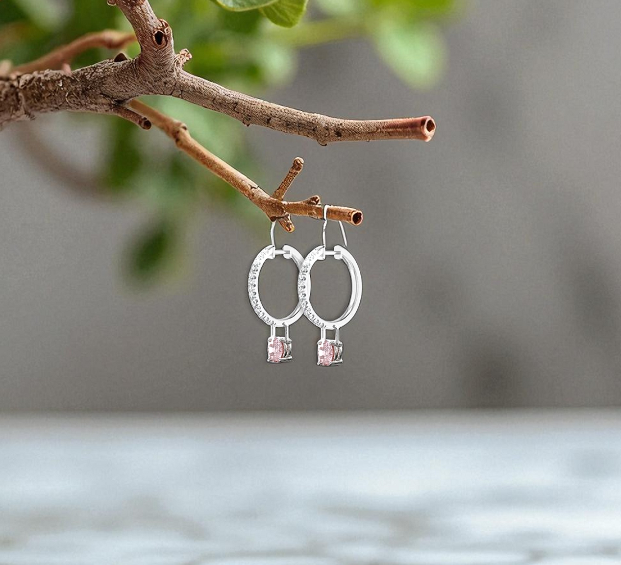 18K Gold & Pink Lab Diamond Hoop Drop Earrings - Options - Pobjoy Diamonds