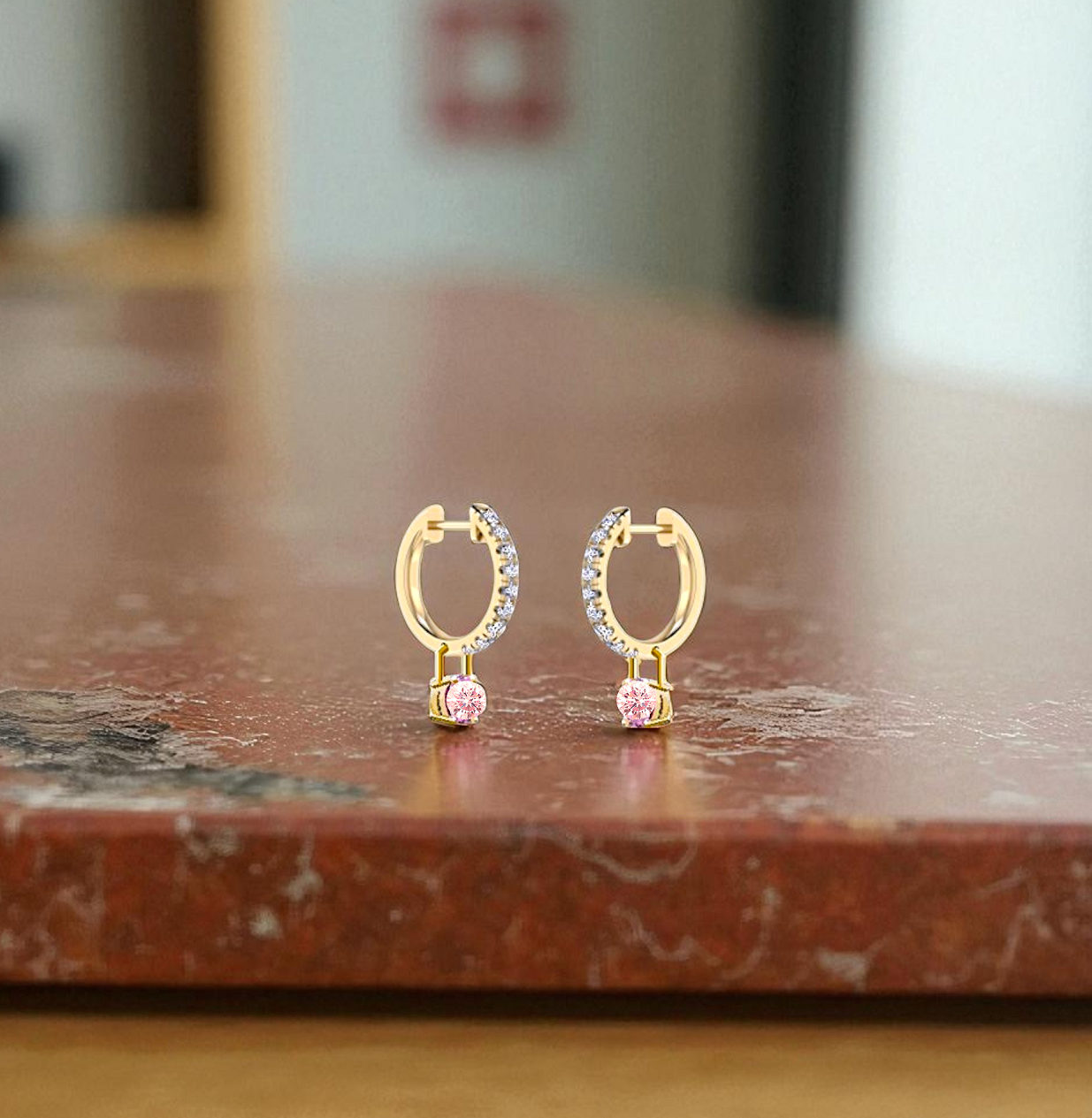 Gold Huggie White & Pink Diamond Drop Earrings 1.33 Carats - Pobjoy Diamonds