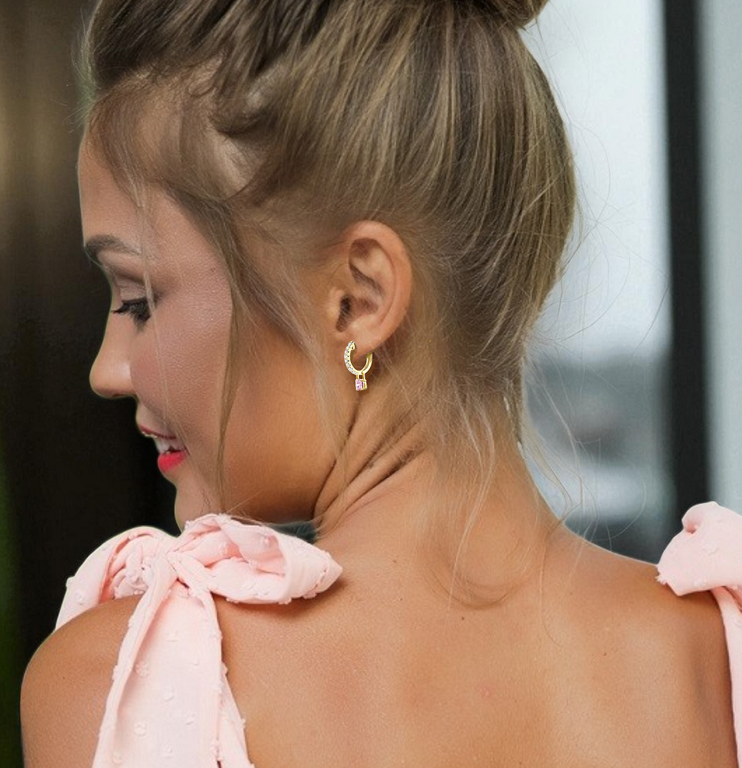 18K Gold & Pink Lab Diamond Hoop Drop Earrings - Options - Pobjoy Diamonds