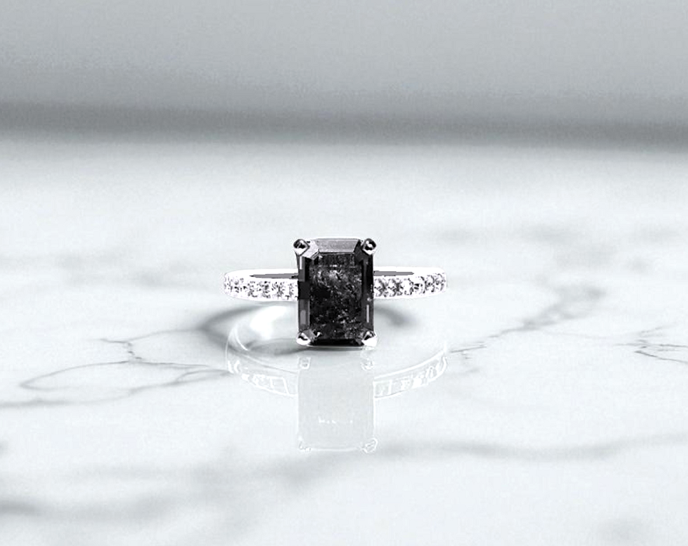Salt & Pepper Emerald Cut Diamond Shoulder Ring 1.88 Carat - Pobjoy Diamonds