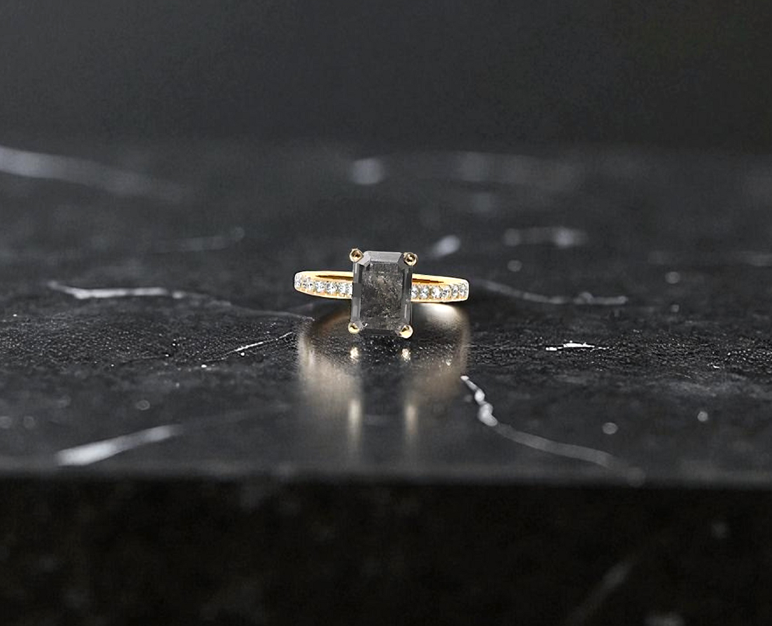 Salt & Pepper Emerald Cut Diamond Shoulder Ring 1.88 Carat - Pobjoy Diamonds
