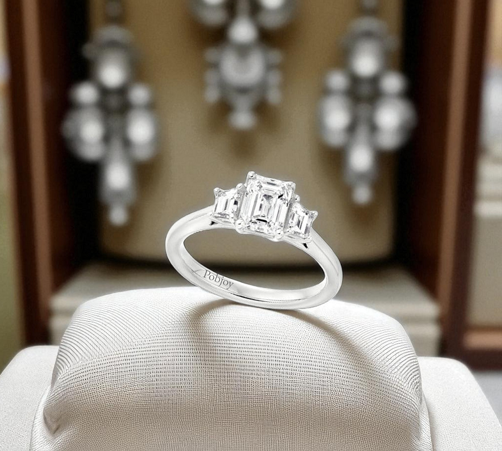 1.80 Carat Emerald Cut Lab Diamond Trilogy Ring - D/VS1 - Pobjoy Diamonds
