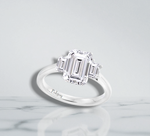 18K White Gold 2.00 Carat Emerald Cut Lab Diamond Trilogy Ring - E/VS1 - Pobjoy Diamonds