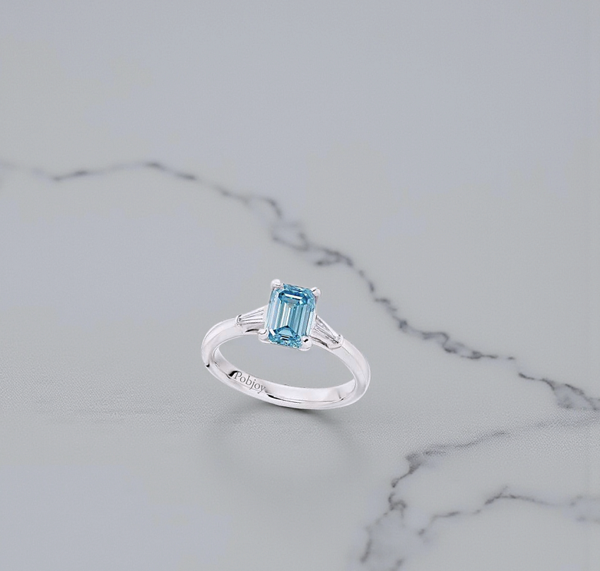 Emerald Cut Fancy Vivid Blue Lab Diamond Engagement Ring - Pobjoy Diamonds