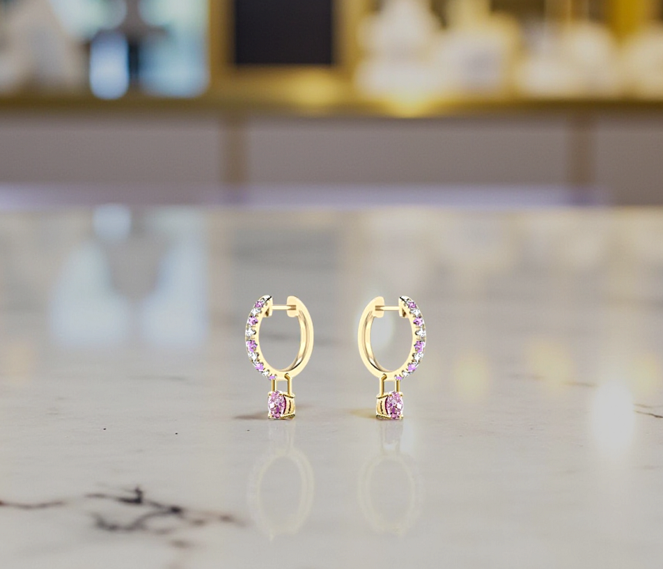 Gold Huggie Pink Diamond & Sapphire Drop Earrings - Pobjoy Diamonds