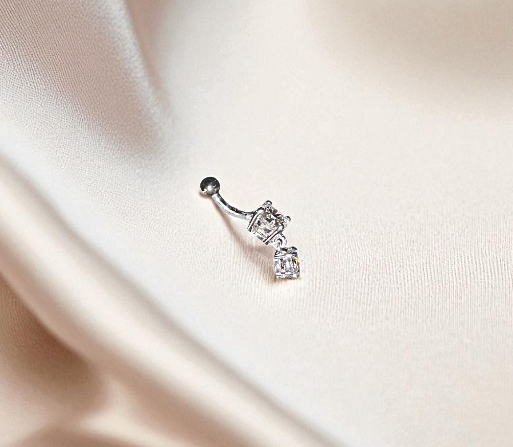 Silver & Steel Double Lab Diamond Dangly Belly Piercing. Pobjoy Diamonds