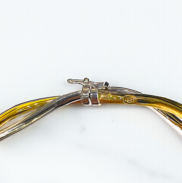 9K White & Yellow Gold Twist Hinged Bangle - Pobjoy Diamonds