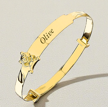 9K Yellow Gold Teddy Expandable Baby Bangle. Pobjoy Diamonds