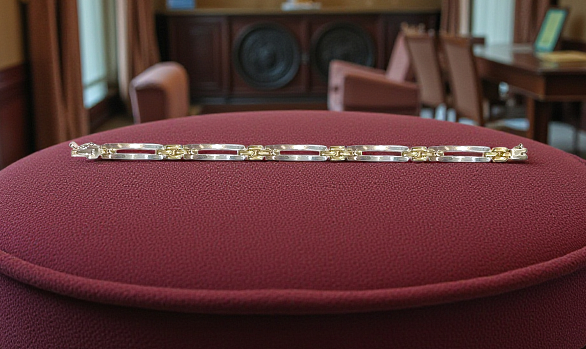 9K Solid Yellow Gold & Silver Rectangle Link Bracelet - Special Offer