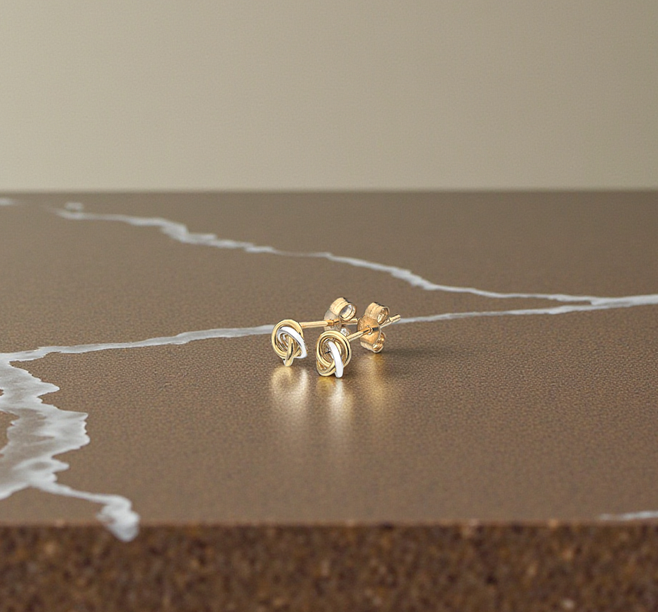 9K White & Yellow Gold Open Knot Stud Earrings - Pobjoy Diamonds