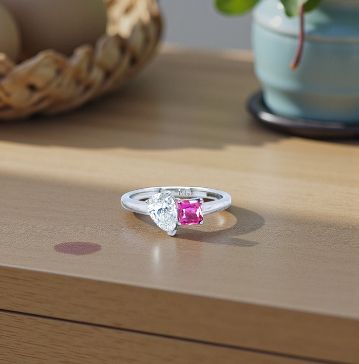 Toi Et Moi Diamond & Deep Pink Sapphire Engagement Ring - Pobjoy Diamonds
