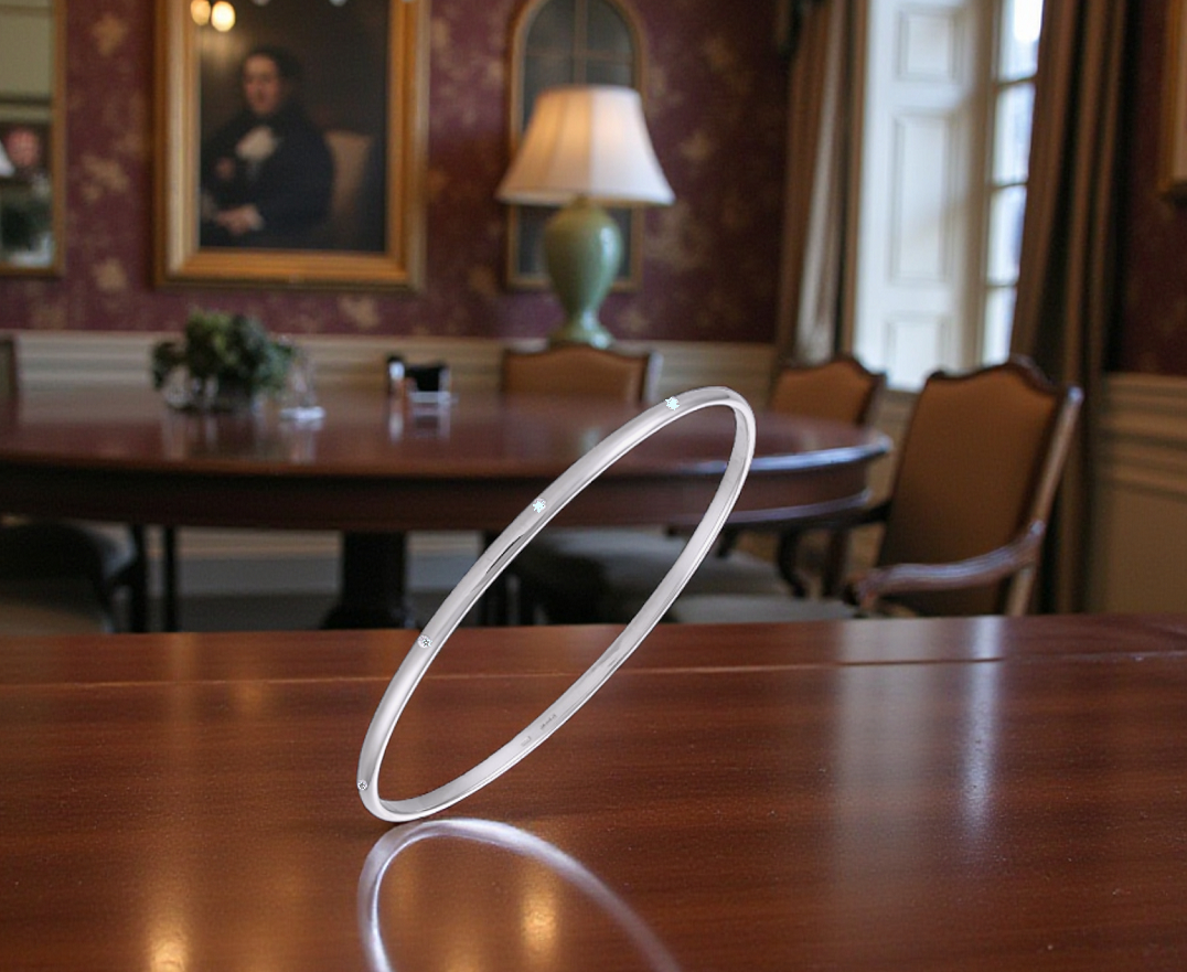 9K White Gold Diamond Scattered D Shape Bangle - Pobjoy Diamonds