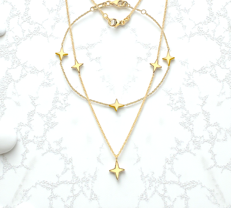 9K Yellow Gold Three Star Ladies Necklace & Bracelet Set - Pobjoy Diamonds