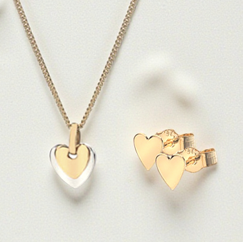 Yellow & White Gold Heart Pendant Necklace & Earrings Set
