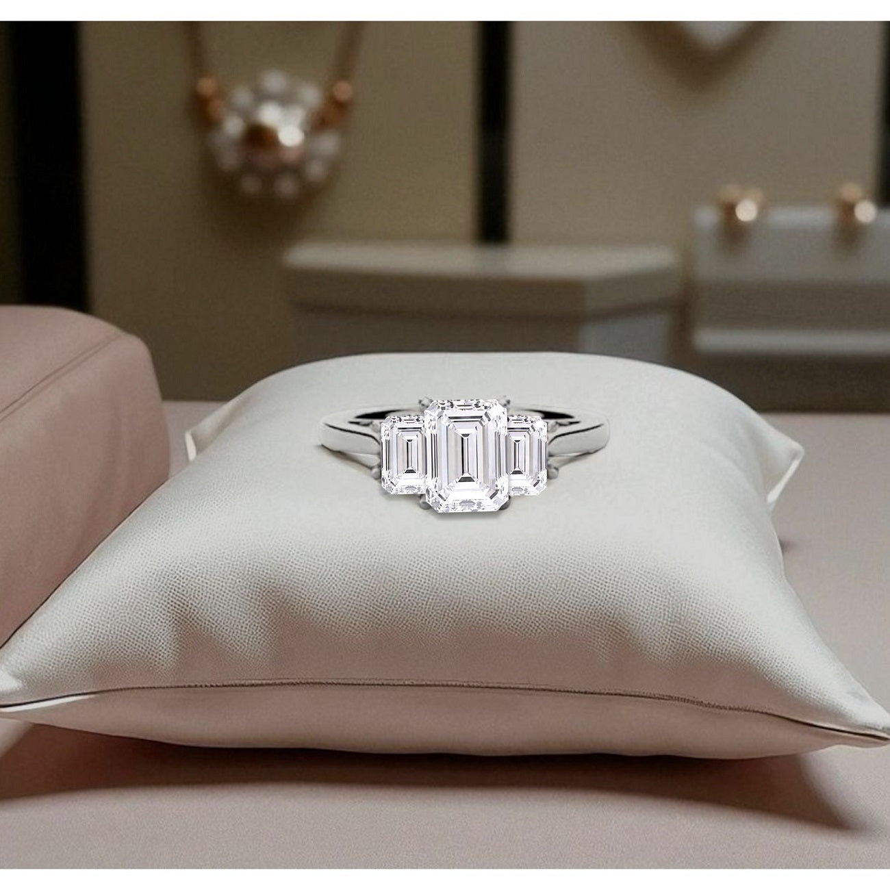 18K White Gold 2.00 Carat Emerald Cut Lab Diamond Trilogy Ring - E/VS1 - Pobjoy Diamonds