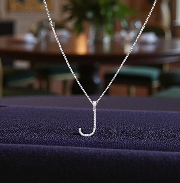 9K White Gold & Diamond Initial Pendant - J - Pobjoy Diamonds