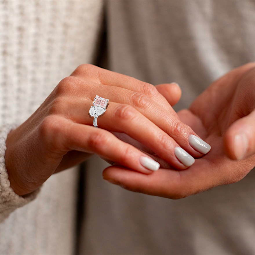 Toi Et Moi Pink Cushion & Pear Lab Diamond Engagement Ring - Options - Pobjoy Diamonds